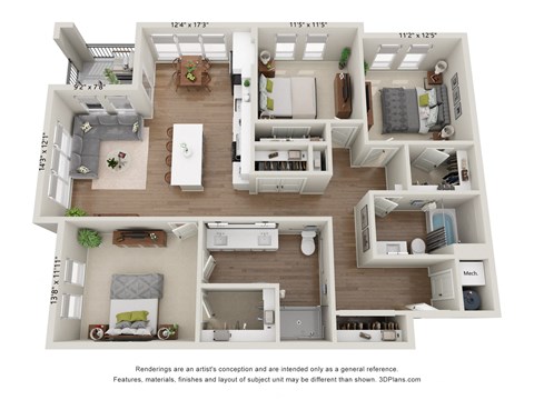 Floor plan for 3 beds, 2 baths, 1494 sqft